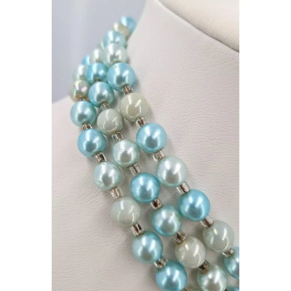 Vintage Japan Triple Strand Faux Pearl Necklace Aqua Cream Silver Tone 18 Inch